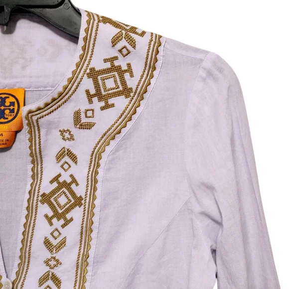 Tory Burch Lilac Purple Embroidered Gold Long Sleeve Cotton Blouse Women Size 4 - Picture 4 of 7